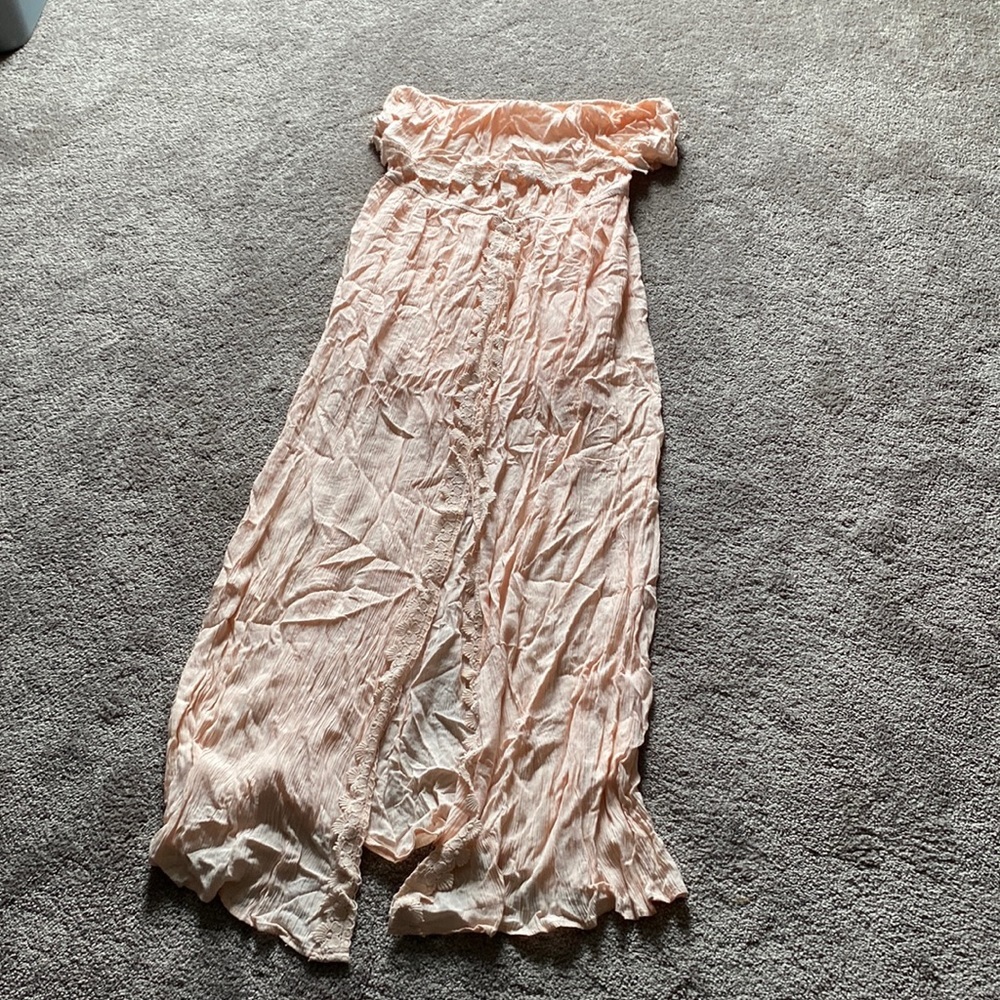 Hint of Mint Blush Off Shoulder Maxi Dress Lace Trim Beach Boho SIZE L